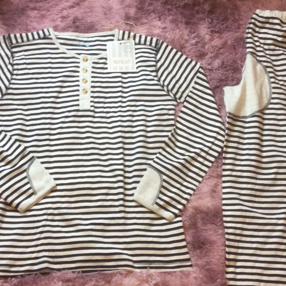WHEAT Kids Black & White Striped Long-Sleeve Pajama LOUNGEWEAR set  sz 10